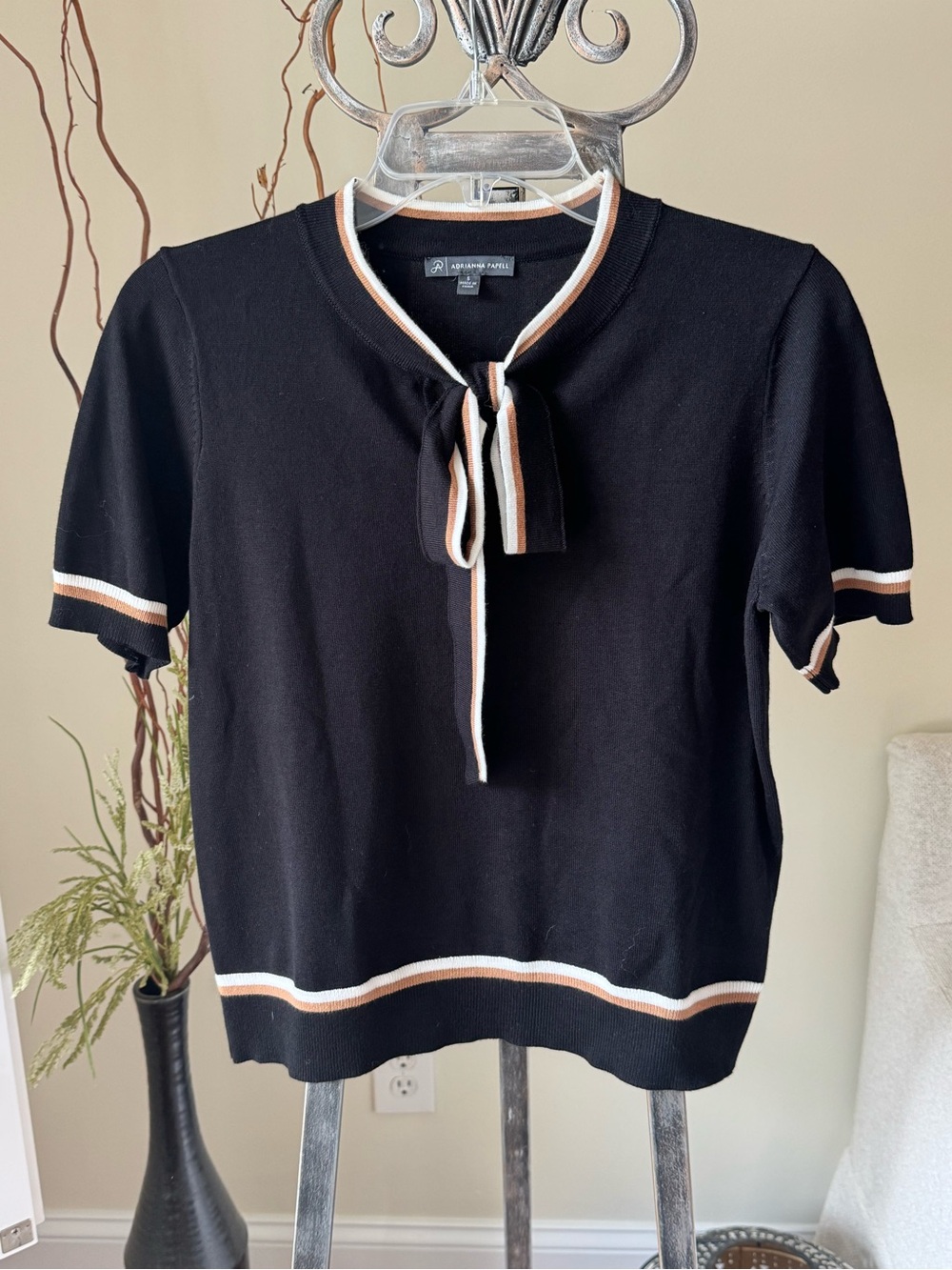 Adrianna Papell Dark Navy Short Sleeve Tie-Neck Sweater with White and Tan Trim